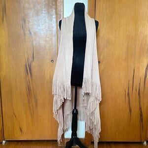 Boho Blush Pink Open Cardigan Sweater Vest Asymmetrical Fringe Knit  L 34-46”